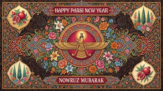 Happy Parsi New Year Nowruz Mubarak Persian Zoroastrian Symbol Faravahar.