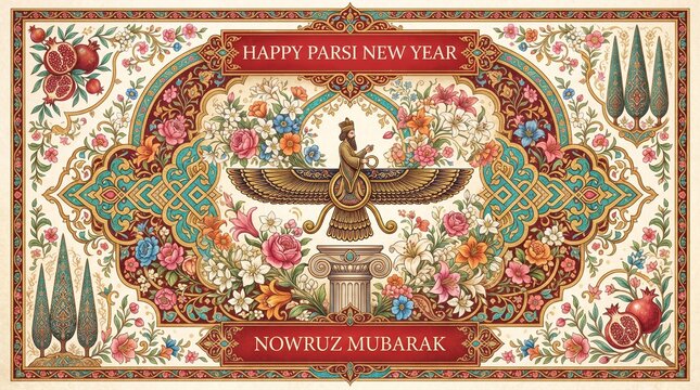 Happy Parsi New Year Nowruz Mubarak Persian Zoroastrian Symbol Faravahar.