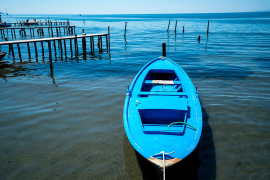 Traditional Blue Fishing Boat on Missolonghi Lagoon, Western Greece