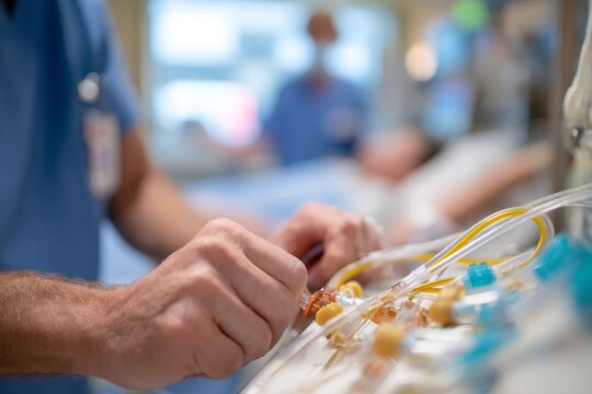 Medical professional adjusting IV tubes in ICU. Nurse preparing equipment for patient in intensive care unit. Healthcare concept