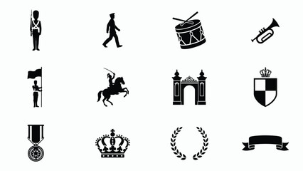Naklejka premium Vintage royalty and military icon set featuring symbols of authority honor with black white icons depicting traditional symbols monarchy presents curated collection