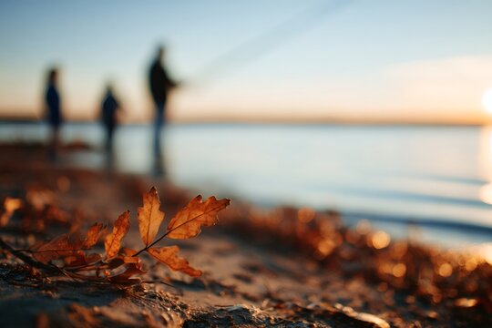 Close-up of an autumn oak leaf on a shore with people fishing at sunset. Tranquil fall scene by the water