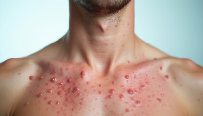 Naklejka premium Person shows skin condition with red angiomas on chest, neck area. Closeup view of inflammation spots on human body surface. Medical diagnosis of vascular disorder, dermatological problem. Patient