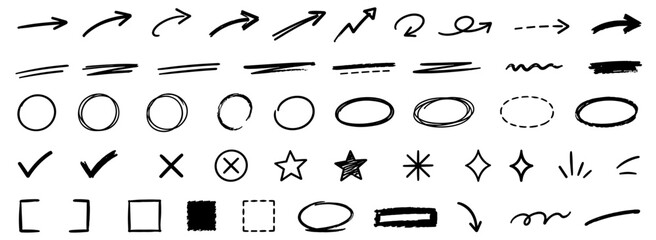 Hand drawn arrow, circle and underline marker set with brush pen strokes, pencil sketch lines, doodle check marks, crosses, stars, ovals and rough symbols. Vector illustration © aura studio