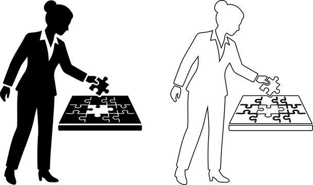 Two professionals solving jigsaw puzzles together illustration Editable icons