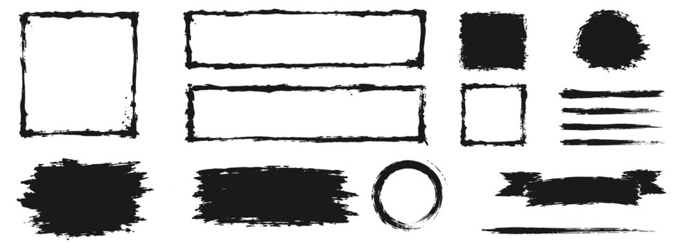Rough brush square and rectangle frame set with torn edges, jagged borders, black ink strokes and distressed vintage paper text box shapes. Vector illustration