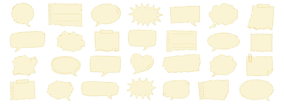 Torn paper speech bubble sticker set with hand drawn retro dialogue frames, crumpled notebook memo shapes, comic chat labels, grunge scrapbook texture, vector illustration