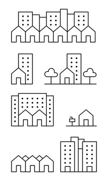 Iconos de edificios residenciales para planificaci&oacute;n urbana que representan viviendas, vecindarios y desarrollo inmobiliario, estilo l&iacute;nea