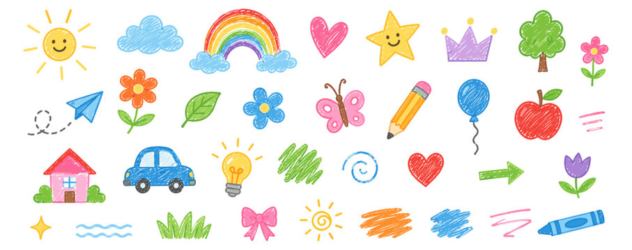 Cute kid crayon line icon set with hand drawn flower, heart, star, rainbow and cloud. Pastel pencil doodles for children, school, kindergarten and playful backgrounds. Vector illustration