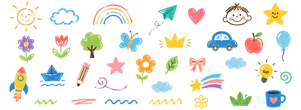 Hand drawn children crayon doodle set with cute flower, heart, star, cloud and rainbow line icons. Colorful pastel pencil sketches for school and kindergarten designs. Vector illustration