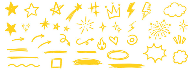 Hand drawn star icon collection with yellow crayon doodles, magic sparkles, lightning bolts and crown symbols. Cute grunge brush elements for school designs. Vector illustration © aura studio