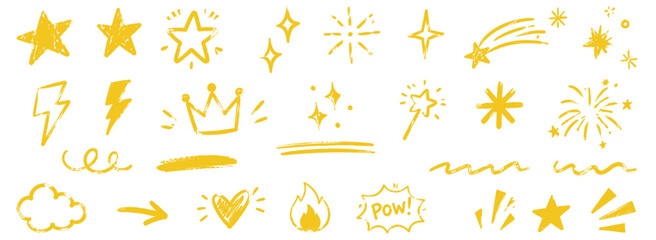Cute yellow star doodle set with hand drawn brush and crayon texture, sparkling magic symbols, lightning, crown and shooting stars for school artwork. Vector illustration © aura studio