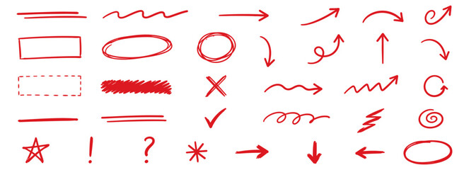 Hand drawn red marker highlight collection with pen lines, arrows, underlines, check marks, circle frames, oval scribbles and emphasis symbols. Vector illustration © aura studio