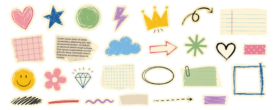 Hand Drawn Scrapbook Collage Sticker Set with Paper Cut Shapes, Crayon Doodles, Scribble Lines, Hearts, Stars, Arrows, Lightning, Crowns and Grunge Diary Elements. Vector