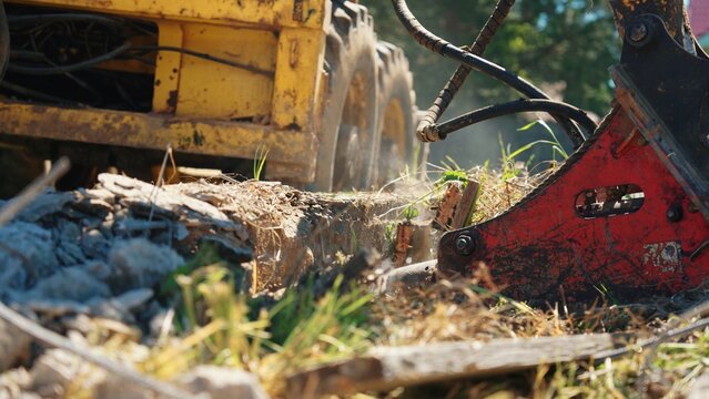 Heavy duty demolition hammer attached to an excavator breaking apart concrete and debris, creating dust and showing powerful ground work at a construction project