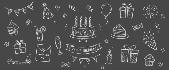 Birthday party doodle element collection on blackboard background with hand drawn cake, present, balloons, candles, confetti and festive decorations for celebration events. Vector illustration © aura studio