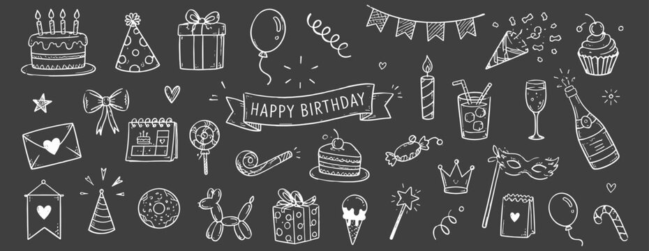Hand drawn birthday doodle icon set on chalkboard background with cake, gift, balloons, party hat, candles and confetti for celebration, carnival and event designs. Vector illustration