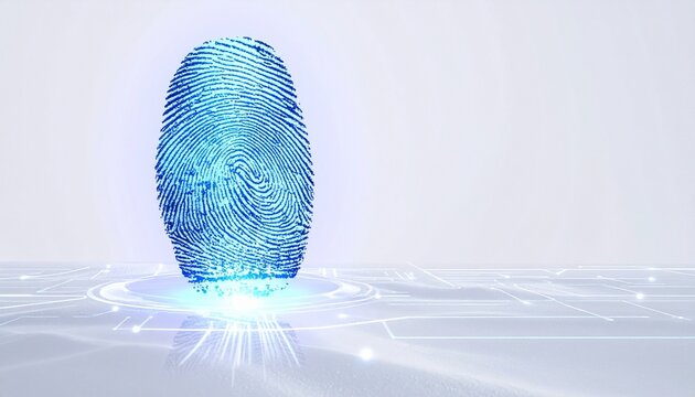 Blue digital fingerprint rising from smooth white waves with scanning interface, symbolizing identity, security, and futuristic data technology.