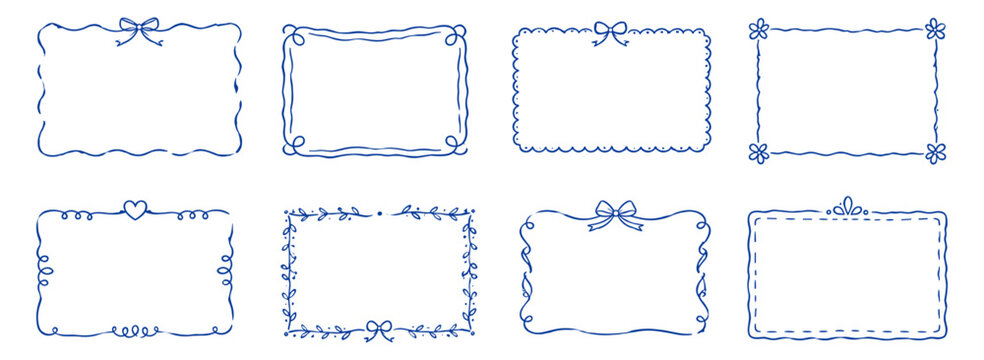 Hand drawn frame border line set with rectangle, scallop, wavy, curly and bow doodle shapes for wedding invitations, cards, menus, posters and whimsical decoration. Vector illustration
