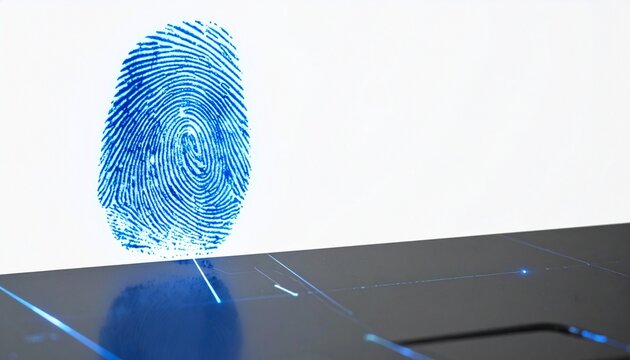 Blue digital fingerprint rising from smooth white waves with scanning interface, symbolizing identity, security, and futuristic data technology.