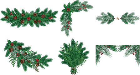 Christmas Evergreen Pine Garland Vector Set with Holly Berries, Pinecones, Corners, Borders, and Bouquet Arrangements for Festive Holiday Season Decor Layout Designs © MdRaisul