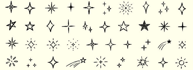 Hand drawn star sparkle icon set with twinkle, shine, glitter, shooting star, crayon brush and sketch line doodles for light decoration background vector illustration © aura studio