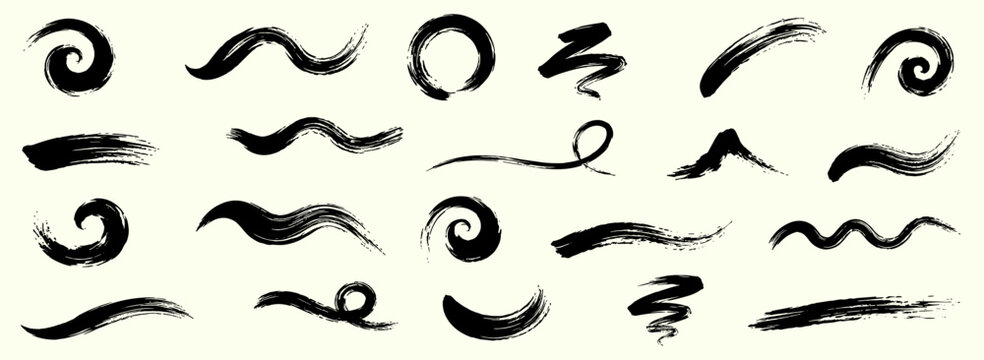 Abstract Chinese brush strokes with ink swirl, calligraphy curve, paint swoosh, swish wave, spiral line and hand drawn grunge texture elements, bold dry brush vector illustration