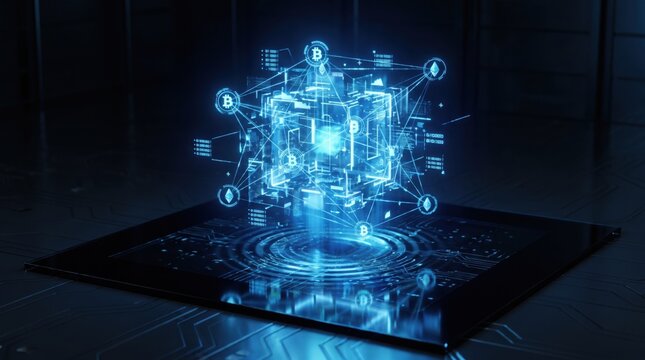 A futuristic blue glowing cryptocurrency and blockchain concept on a sleek black tablet in a dark room with neon-lit circuit board designs.