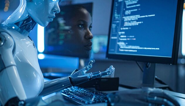   
Humanoid robot coding at computer with human reflection on screen, symbolizing collaboration between artificial intelligence and human creativity.