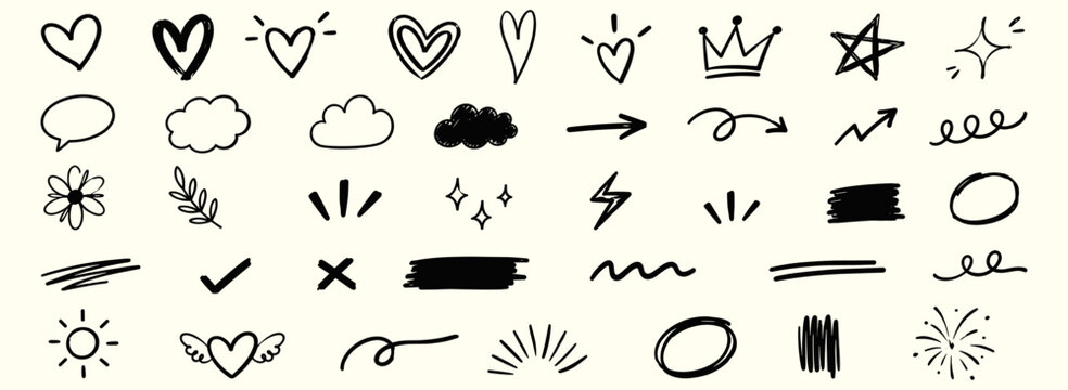 Cute heart and star brush line collection with hand drawn arrows, clouds, crowns, marker strokes, pencil highlights, playful doodle symbols and decorative vector illustration
