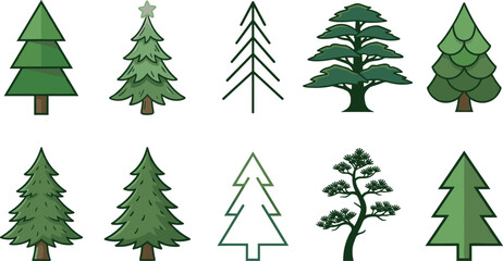 Obraz premium Pine and Spruce Tree Vector Set with Flat, Minimalist, Line Art, and Christmas Fir Styles for Nature, Forest, and Winter Holiday Graphic Designs