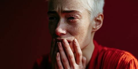 Naklejka premium Dramatic closeup portrait of a distressed woman covering her mouth with hands for emotional editorial background or poster