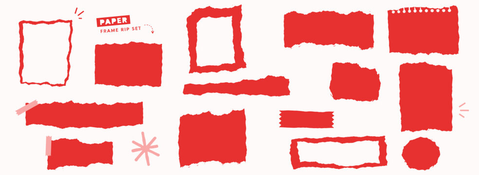 Ripped paper collage frame collection with torn white sheets, rough cut edges, vintage scraps, blank notes, photo labels, memo cards and textured scrapbook borders. Vector illustration