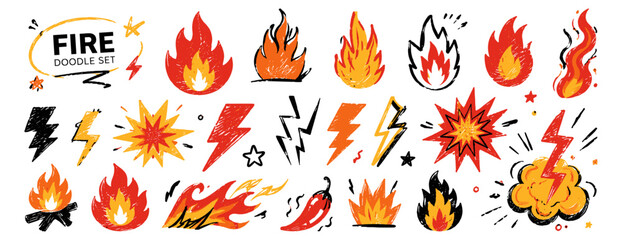 Fototapeta na wymiar Hand drawn fire flame doodle icon set with brush scribble, chalk grunge texture, lightning bolt, explosion burst, energy blast, power sticker and rock graphic. Vector illustration