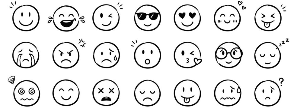 Hand drawn face emoji icon set with happy, sad, angry, laughing, winking, kissing and crying expressions in cute doodle sketch style. Funny emoticon vector illustration
