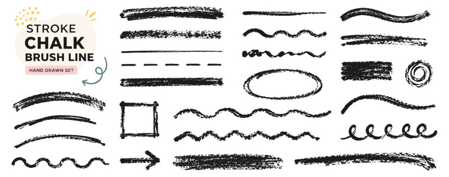 Chalk brush line collection featuring hand drawn crayon textures, rough scribbles, curved waves, abstract frames and grunge paint strokes on a dark blackboard. Vector illustration