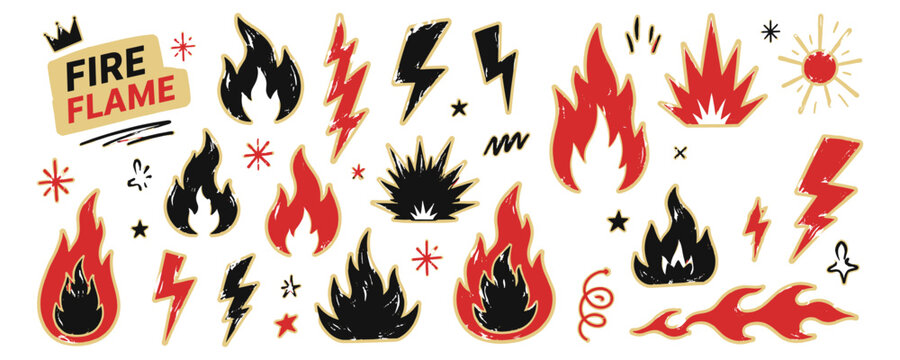 Punk fire flame doodle collection with rough chalk textures, brush scribbles, lightning symbols, explosive bursts and energetic rock sticker graphics. Vector illustration