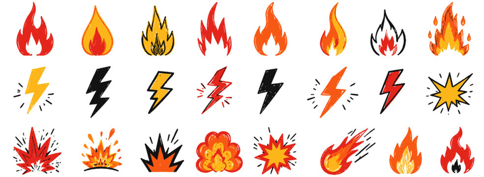 Flame and fire icon doodle collection. Hand drawn chalk brush strokes, grunge scribble shapes, lightning bolts, explosive energy bursts, hot power symbols and rock stickers. Vector illustration