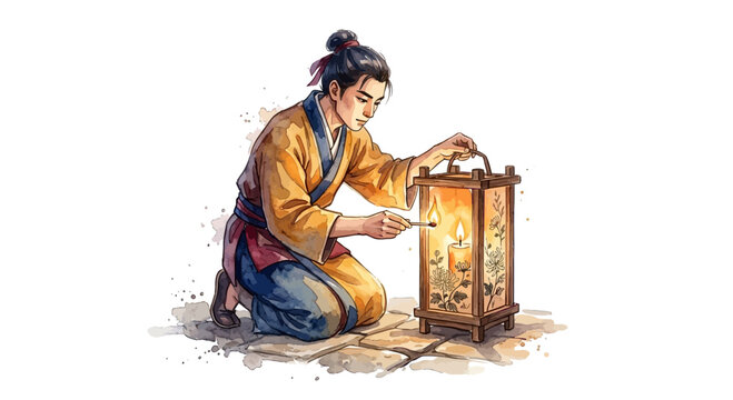 Man lighting a traditional wooden vector lantern vector illustration