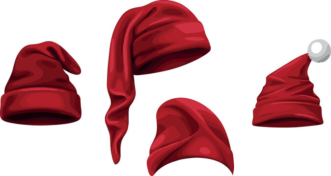 Red Christmas Santa Claus Hat Vector Set with Long Tail, Beanie, and Pom Pom Styles for Festive Holiday Costumes and Winter Celebration Graphic Designs