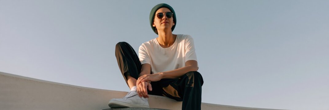 Young man sitting on curved roof against clear sky for minimalist background banner and fashion poster with casual streetwear vibe