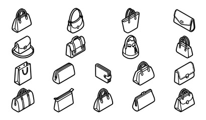 Fototapeta premium Women's Purse Bag Isometric Icon Vector Collection Isolated on White Background
