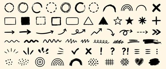 Hand Drawn Brush Line and Shape Stroke Set with Abstract Circles, Arrows, Curves, Squiggles, Geometric Chalkboard Marks and Funky Modern Design Elements. Vector Illustration © aura studio