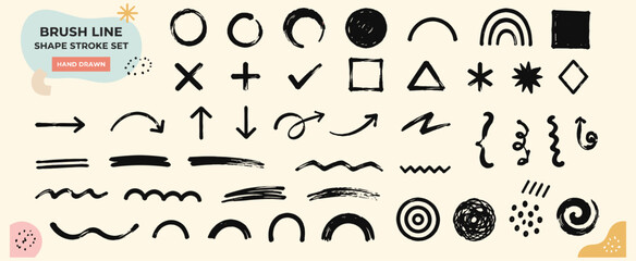 Abstract Brush Stroke Shape Set with Hand Drawn Circles, Arrows, Curves, Squiggles, Geometric Blackboard Marks and Funky Contemporary Line Elements. Vector Illustration © aura studio