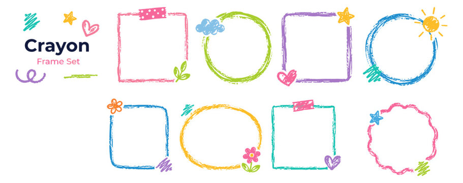 Pastel crayon border collection with hand drawn doodle circles, square frames, rough pencil boxes and chalk textures for cute children designs, notes, stickers and backgrounds. Vector illustration