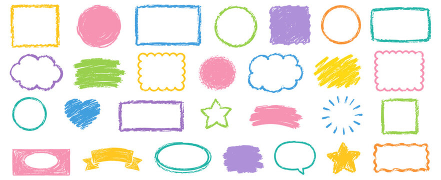 Colorful crayon frame and doodle shape set with hand drawn pastel pencil boxes, rough chalk circles and square borders for playful kids backgrounds, labels and banners. Vector illustration