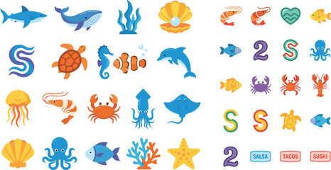 Sea life and marine animals cartoon illustration set featuring shark whale dolphin octopus crab and ocean coral creatures © Marfot