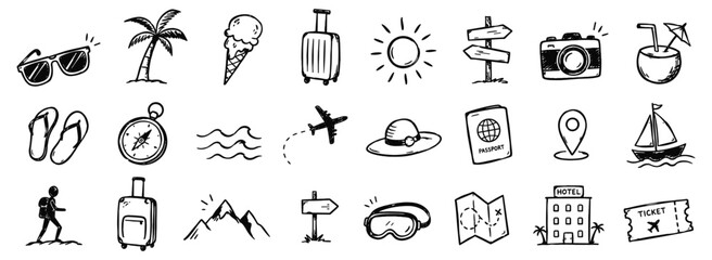 Summer travel chalk doodle icon set with hand drawn beach vacation, sunglasses, palm tree, ice cream, suitcase, sun, passport and adventure sketches on blackboard © aura studio