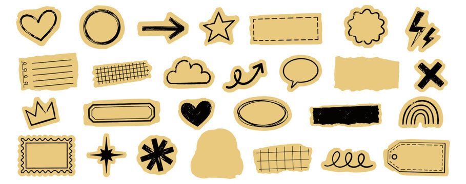 Hand drawn scrapbook collage sticker set with paper cut elements, crayon doodle brush texture, cute planner labels, heart, arrow, circle, star, torn shapes and craft frames. Vector illustration