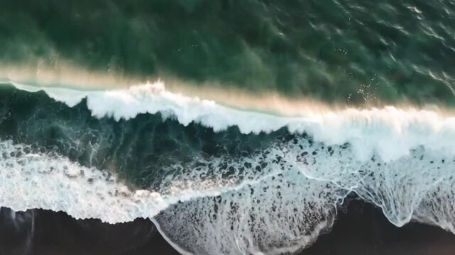 Aerial Top View of Ocean Waves Crashing on a Sandy Beach